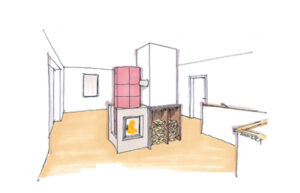Zeichnung eines Speicherofens in einem offenem Raum