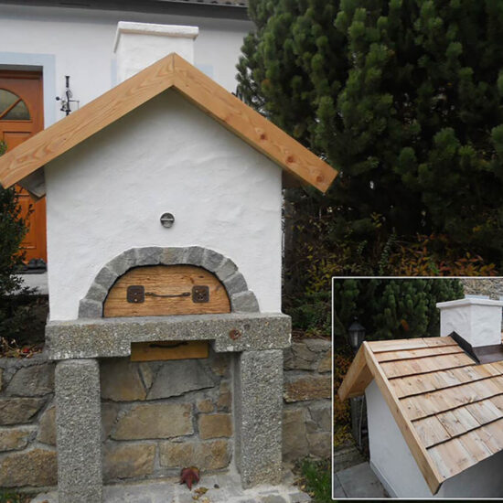 Holbackofen vor einem Haus neben einer Hecke - Holzbackofen Gestaltung