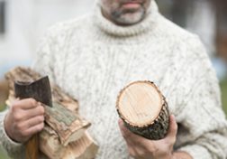 Mann hält Holz und Axt in den Händen