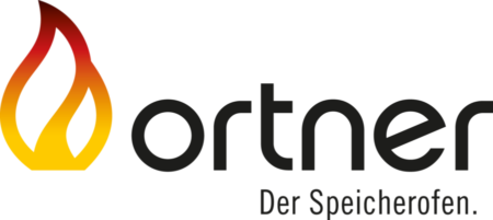 Das ORTNER Logo. Eine gelbe und rote Flamme mit schwarzemSchriftug